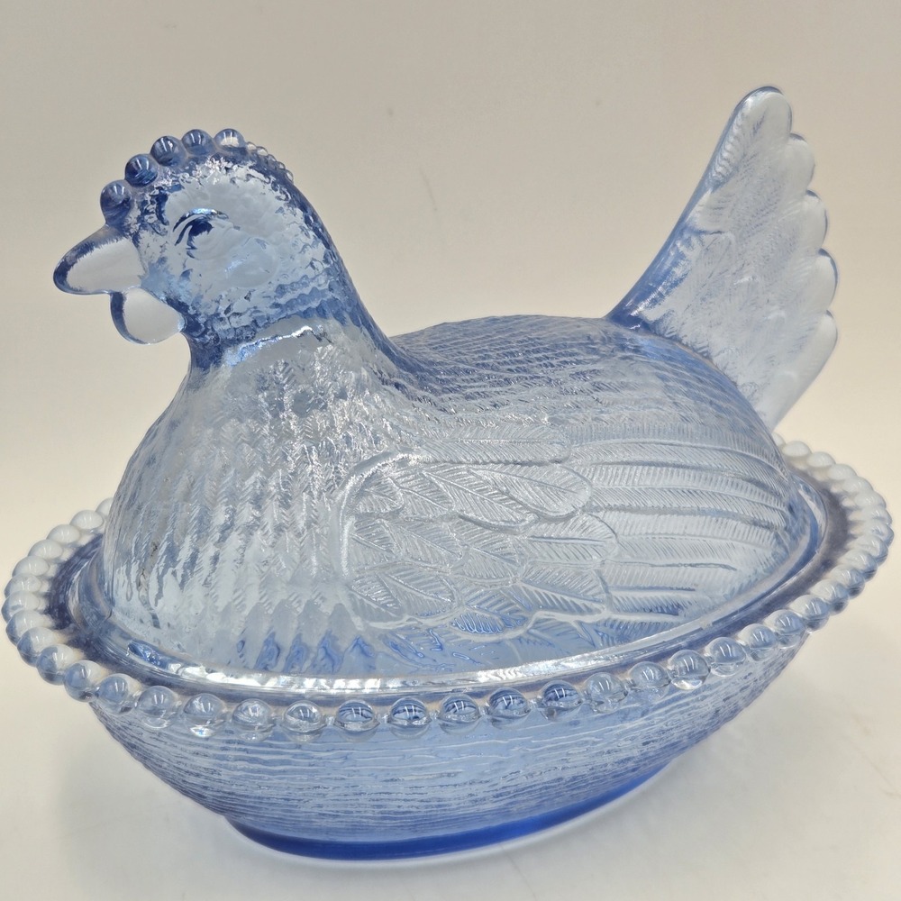 VTG Hen on Nest Cornflower Blue Indiana Glass Covered Candy Dish 7" Beaded EUC